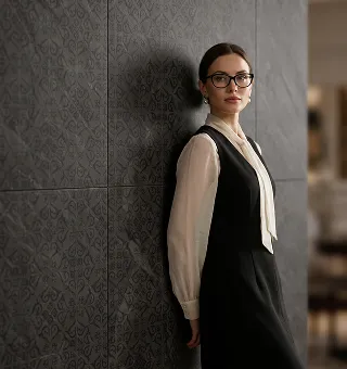 A woman in front of a patterned Letoza feature wall