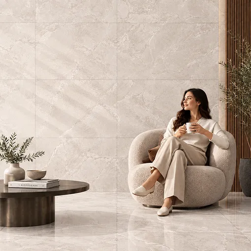 A woman relaxing in an armchair beside a Letoza marble-look tiled wall and matching floor