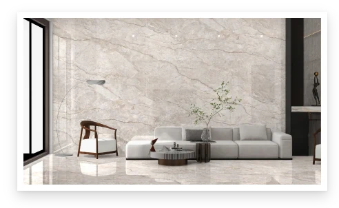A living room with a marble-look Letoza feature wall and floor