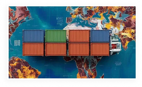 Stacked shipping containers crossing a colourful world map