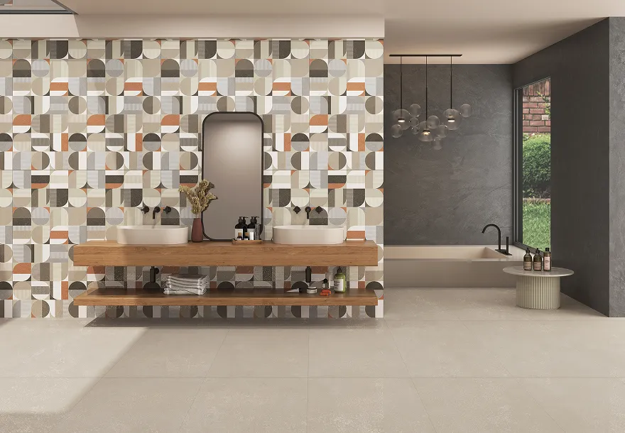 Letoza patterned wall tiles behind a double vanity in a bathroom