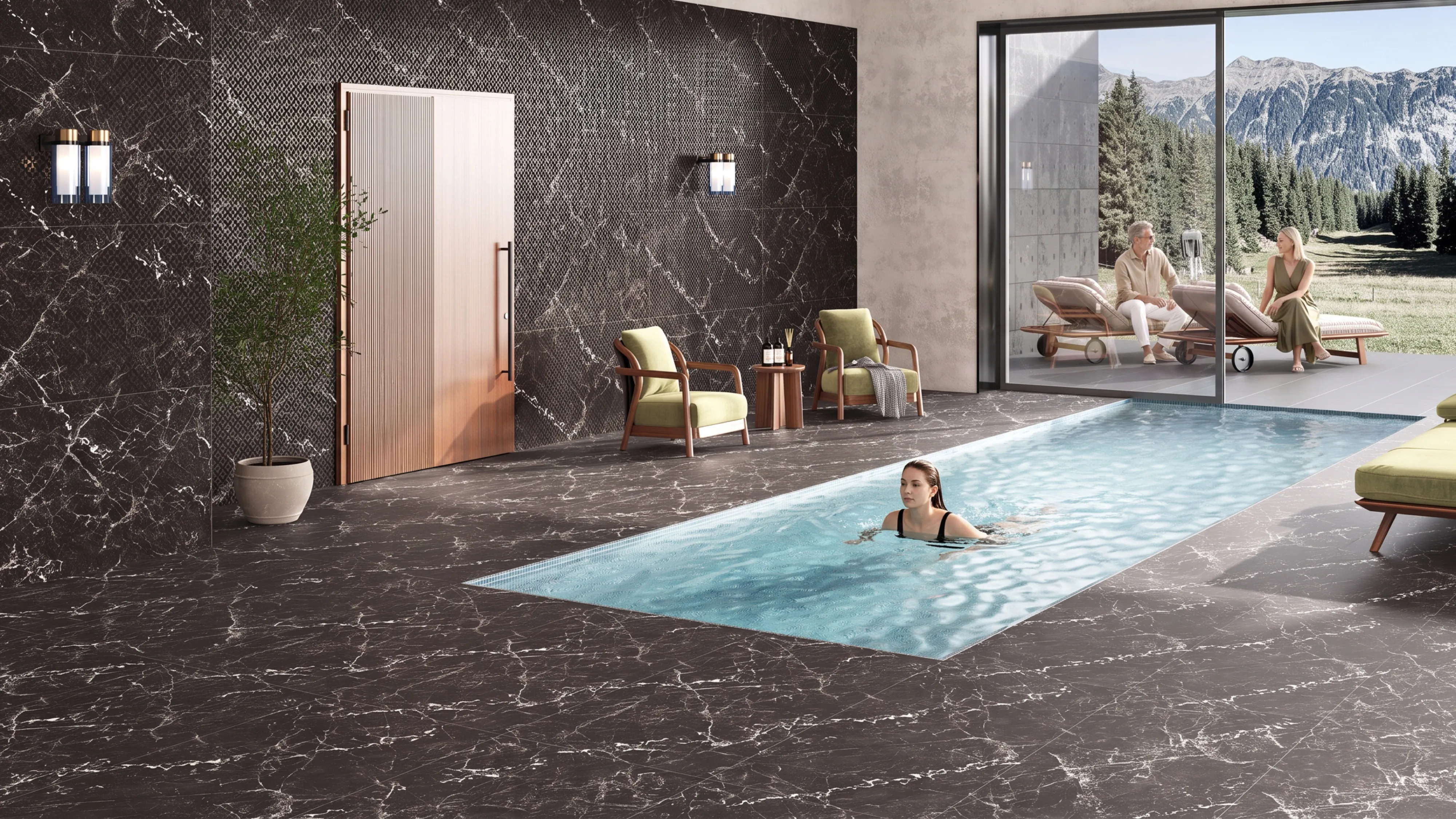 A spa-style villa with dark marble-look Letoza tiles surrounding an indoor pool, opening onto a mountain view
