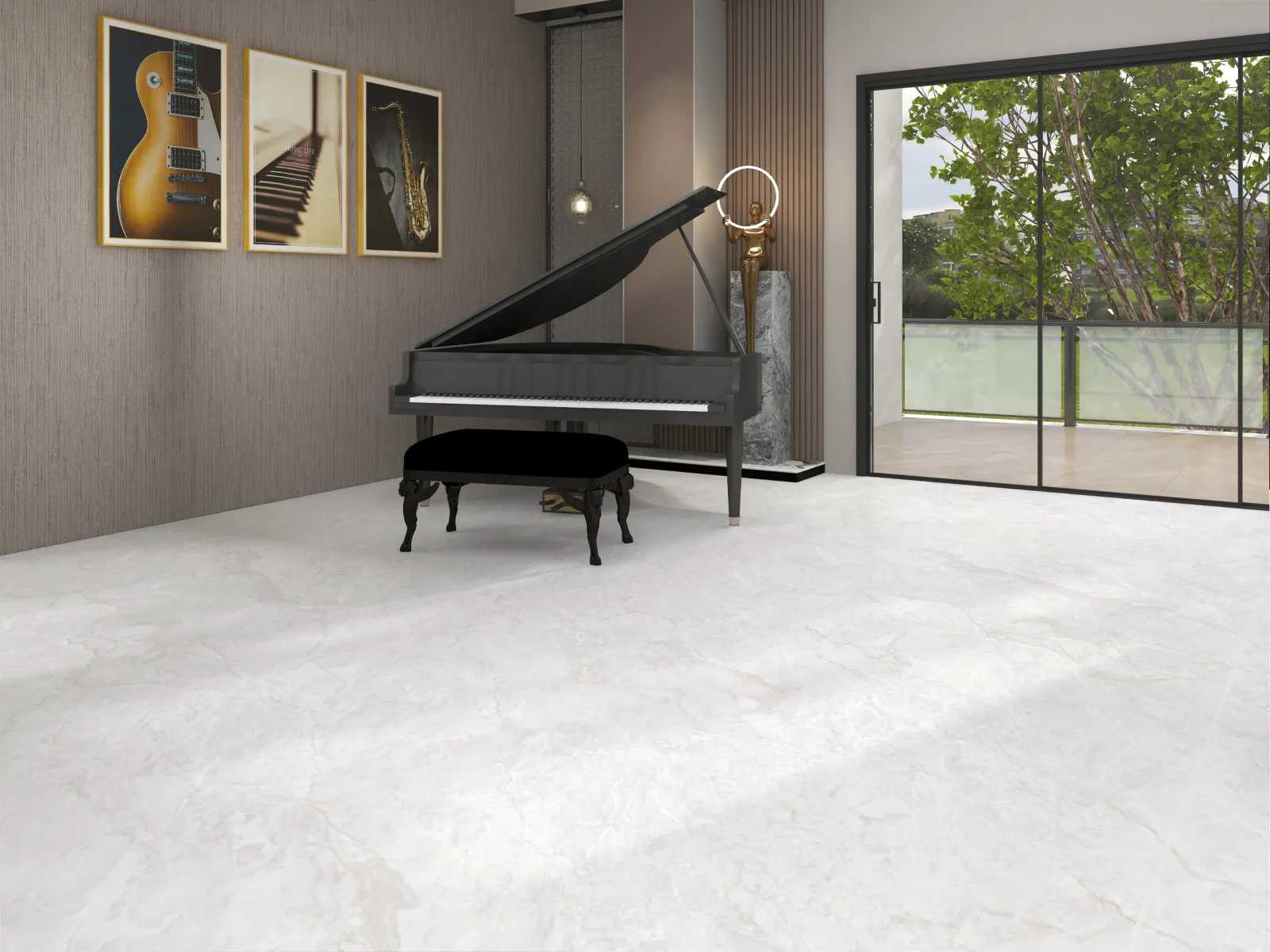 Carrara Pearl — in a space