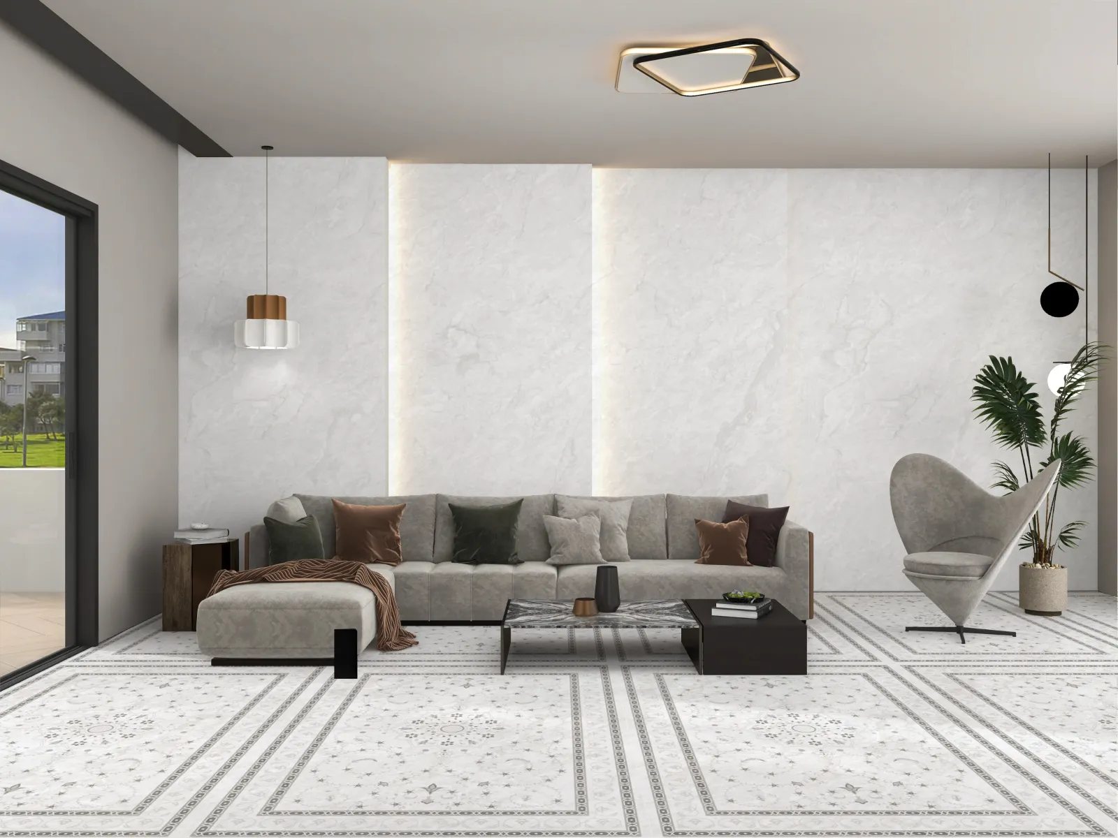 Carrara Pearl Decore — in a space