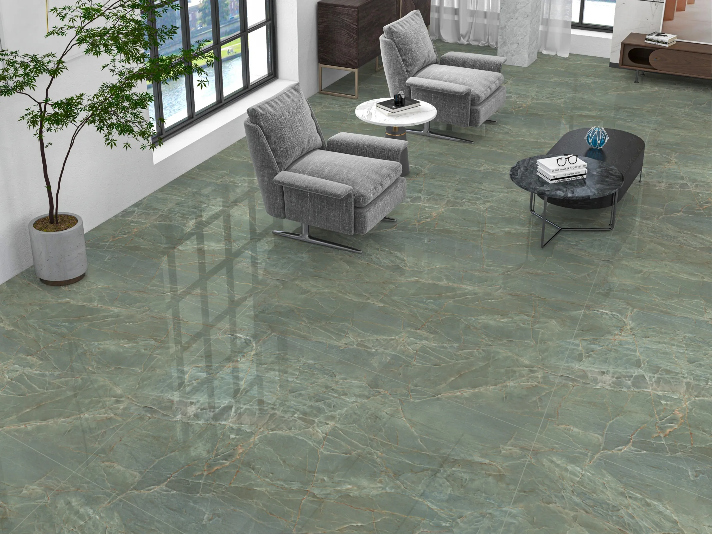 Ultra Onyx Green tiles in a room setting