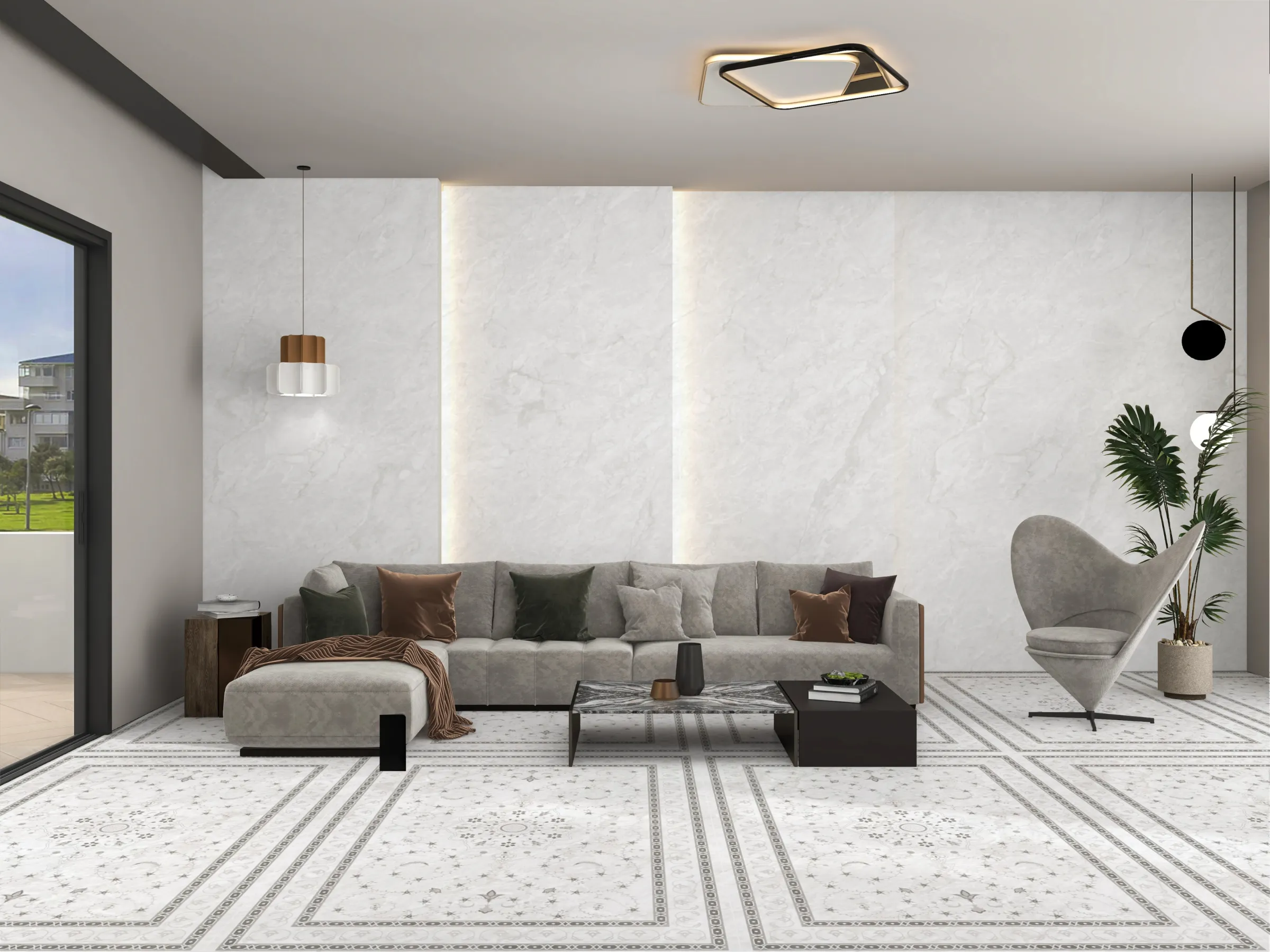 Carrara Pearl Decore tiles in a room setting