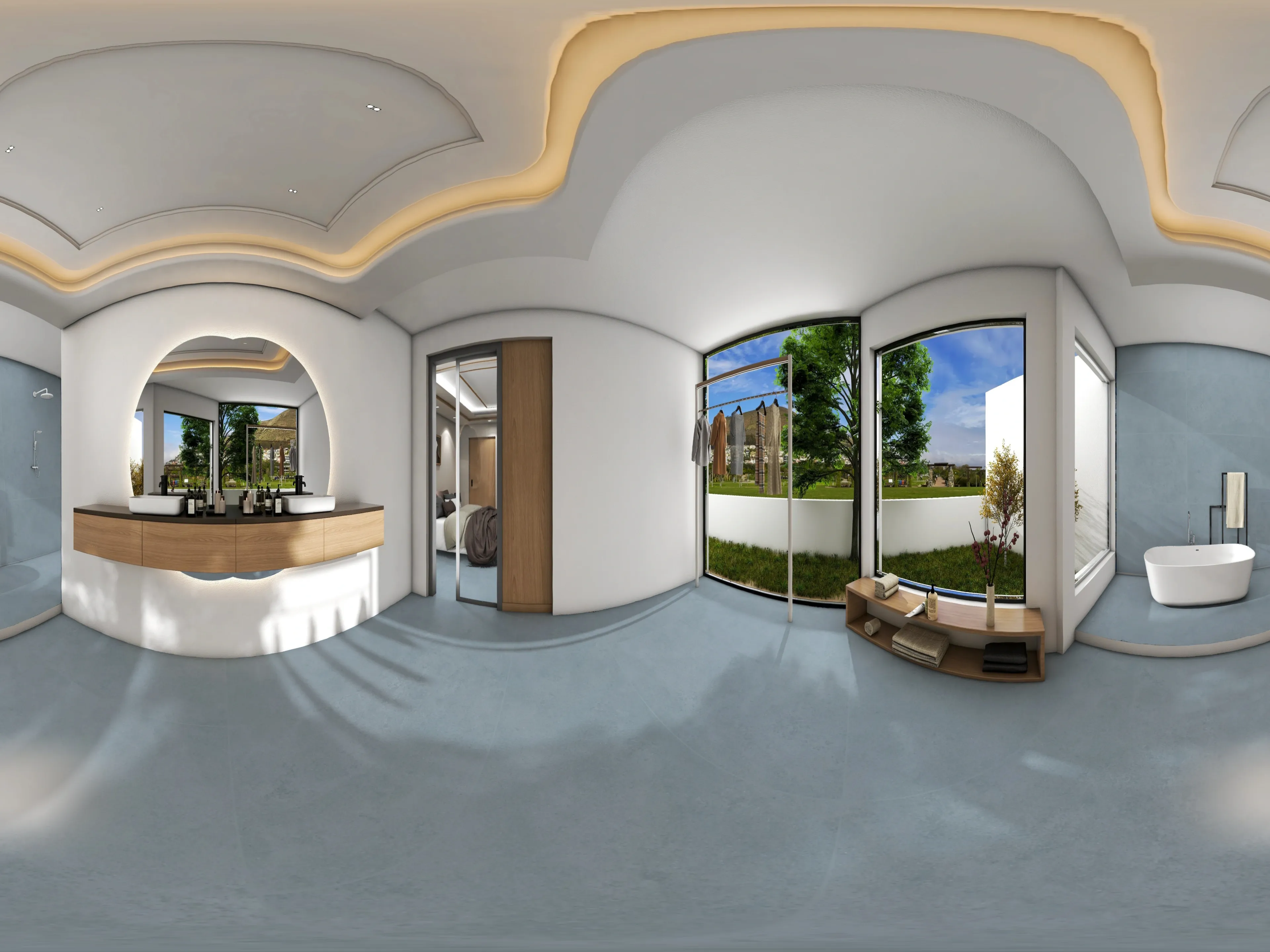 A 360 degree room with Walnut Azul tiles