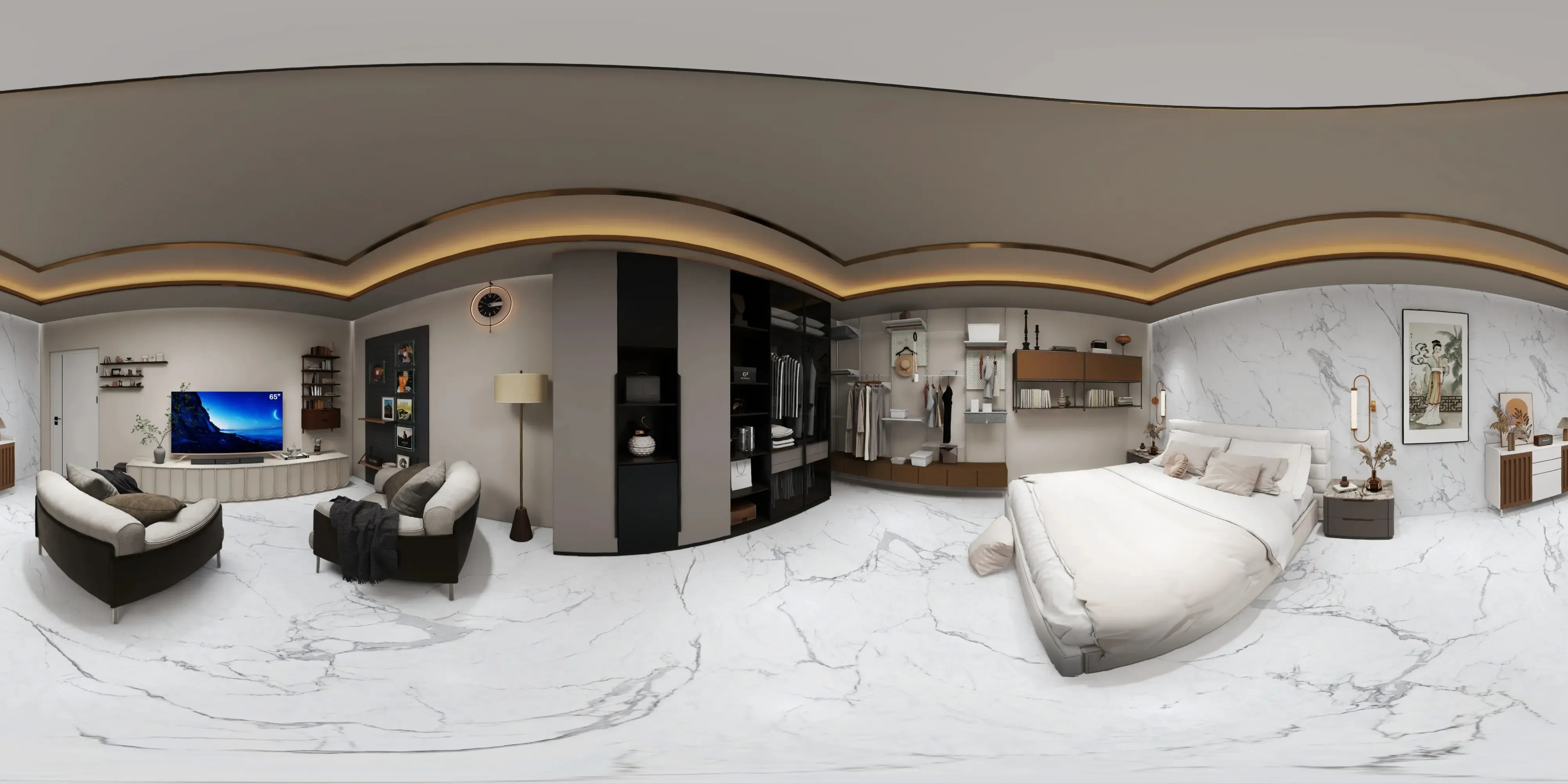 A 360 degree room with Statuario Pacific tiles