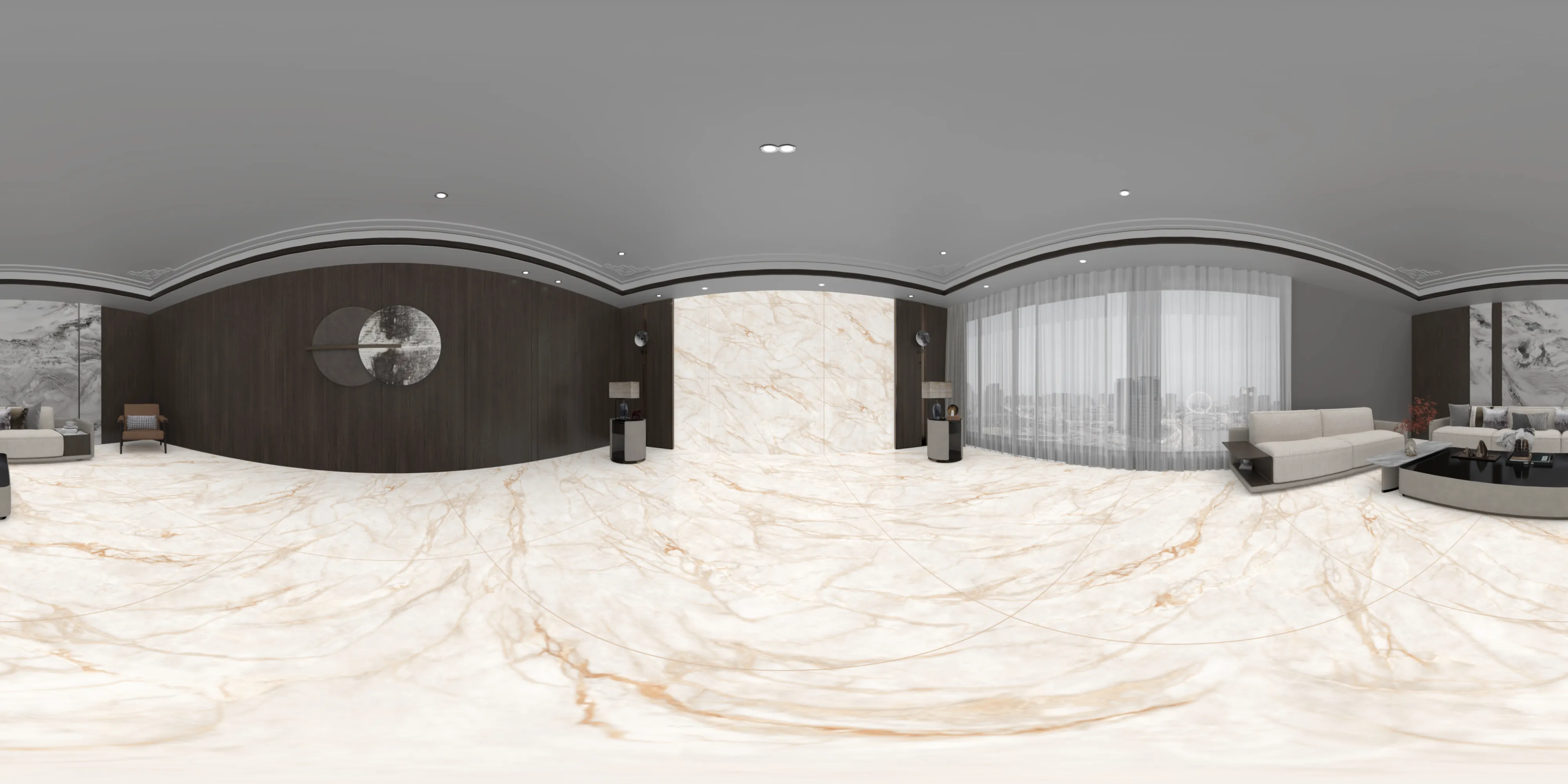 A 360 degree room with Vein Flow Ivory tiles